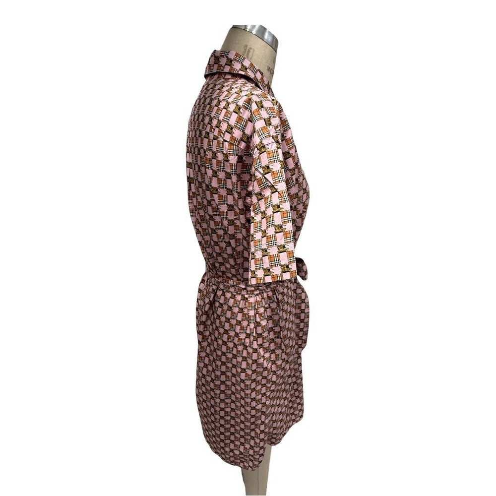 Burberry Shirt Dress Womens 14 Pink Short Sleeve Belted Tiled Archive Print - Picture 7 of 14